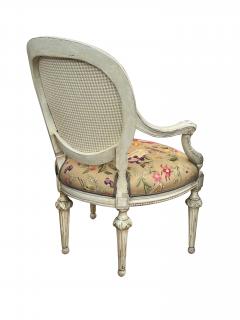 Pair French Louis XVI Ivory Painted Oval Back Arm Chairs with Celadon Highlights - 3882232