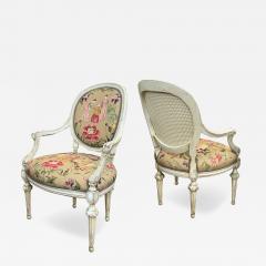 Pair French Louis XVI Ivory Painted Oval Back Arm Chairs with Celadon Highlights - 3883712