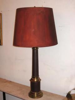 Pair French Mid Century Modern Brass Enamel Table Lamps Hand Painted Shades - 4103043