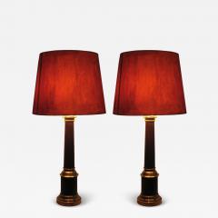 Pair French Mid Century Modern Brass Enamel Table Lamps Hand Painted Shades - 4104319