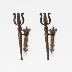 Pair French Mid Century Modern Neoclassical Gilt Iron Torch Sconces Poillerat - 1821716