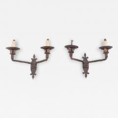 Pair French iron two arm wall sconces with old traces of gold circa 1910  - 3490249