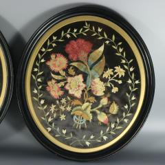 Pair Georgian Silkwork Embroideries of Flowers - 4659701