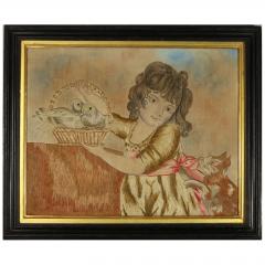 Pair Georgian Woolwork Embroidered Pictures of Girls with Pets - 4153214