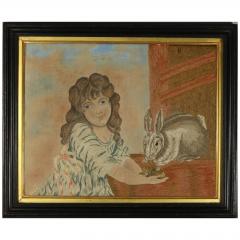 Pair Georgian Woolwork Embroidered Pictures of Girls with Pets - 4153215