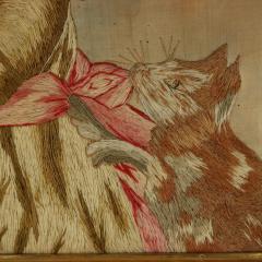 Pair Georgian Woolwork Embroidered Pictures of Girls with Pets - 4153218