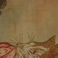 Pair Georgian Woolwork Embroidered Pictures of Girls with Pets - 4153224