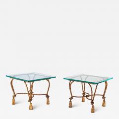 Pair Gilded Hollywood Regency Metal Rope Tassel Side Tables 1970s France - 4226986