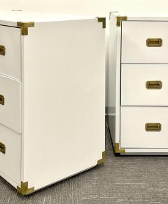 Pair Hollywood Regency Campaign Cabinets Commodes Nightstands White Lacquer - 2485783