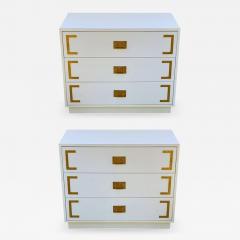 Pair Hollywood Regency Campaign Chests Nightstands or Commodes in White Brass - 2012876