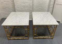 Pair Hollywood Regency Carrara Marble Top Faux Bamboo Tables - 1411993