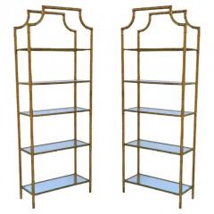 Pair Hollywood Regency Italian Brass Gold Faux Bamboo Shelves or Etageres - 4003430