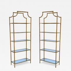 Pair Hollywood Regency Italian Brass Gold Faux Bamboo Shelves or Etageres - 4004090