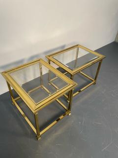 Pair Hollywood Regency Mastercraft Brass Glass End Side Tables Mid Century - 3080634