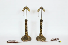 Pair Italian Hand Carved Wooden Ormolu Candlestick Table Lamps 1920s - 2875275