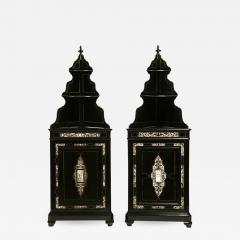 Pair Italian Renaissance Revival Ebonized Corner Cabinets with Shelf - 629237