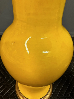 Pair Japanese Porcelain Lamp Vases Yellow Ceramic Monochrome Vintage 1960s - 2768784