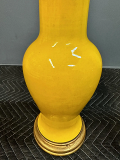 Pair Japanese Porcelain Lamp Vases Yellow Ceramic Monochrome Vintage 1960s - 2768795