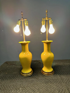 Pair Japanese Porcelain Lamp Vases Yellow Ceramic Monochrome Vintage 1960s - 2768811