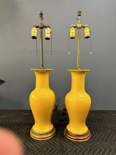 Pair Japanese Porcelain Lamp Vases Yellow Ceramic Monochrome Vintage 1960s - 2768814