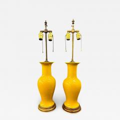 Pair Japanese Porcelain Lamp Vases Yellow Ceramic Monochrome Vintage 1960s - 2769840