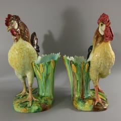Pair Jerome Massier Hen Cockerel Figural Vases by P Perret - 3390348