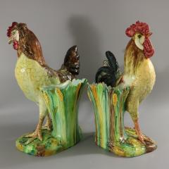 Pair Jerome Massier Hen Cockerel Figural Vases by P Perret - 3390349