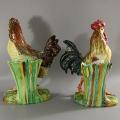 Pair Jerome Massier Hen Cockerel Figural Vases by P Perret - 3390350