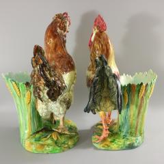 Pair Jerome Massier Hen Cockerel Figural Vases by P Perret - 3390352