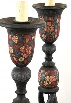 Pair Kashmiri Lacquer Papier M ch Candlestick Lamps - 4041042