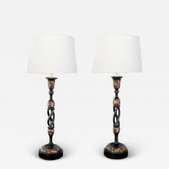 Pair Kashmiri Lacquer Papier M ch Candlestick Lamps - 4043221