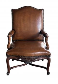 Pair Large French Regence Style Beechwood Leather Arm Chairs Fauteuils - 4315826