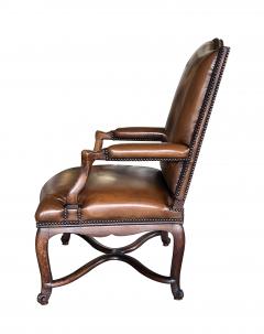 Pair Large French Regence Style Beechwood Leather Arm Chairs Fauteuils - 4315828