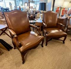 Pair Large French Regence Style Beechwood Leather Arm Chairs Fauteuils - 4315833
