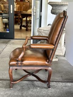 Pair Large French Regence Style Beechwood Leather Arm Chairs Fauteuils - 4315834