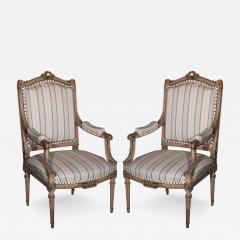 Pair Louis XVI Style Maison Jansen Fauteuils Arm Chairs Distress Painted Frames - 3019214