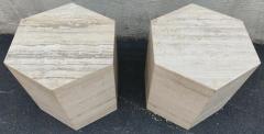 Pair Matching Post Modern Italian Travertine Marble Hexagonal Side Tables 1970s - 3114075