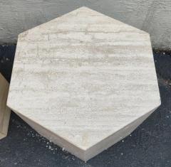 Pair Matching Post Modern Italian Travertine Marble Hexagonal Side Tables 1970s - 3114129