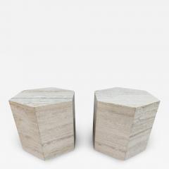 Pair Matching Post Modern Italian Travertine Marble Hexagonal Side Tables 1970s - 3116947