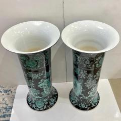 Pair Mid 20th Century Chinese Export Jet Black Green Porcelain Tall Roll Vases - 3974667