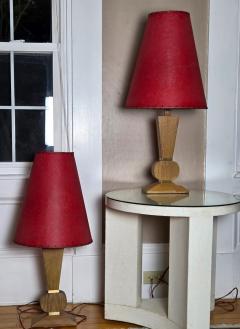 Pair Mid Century Brancusi Cerused Oak Lamps W Original Red Fiberglass Shades - 4694387