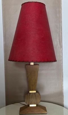 Pair Mid Century Brancusi Cerused Oak Lamps W Original Red Fiberglass Shades - 4694390