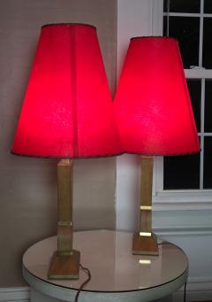 Pair Mid Century Brancusi Cerused Oak Lamps W Original Red Fiberglass Shades - 4694392