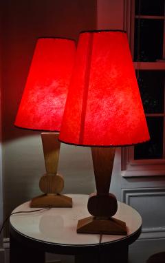 Pair Mid Century Brancusi Cerused Oak Lamps W Original Red Fiberglass Shades - 4694393