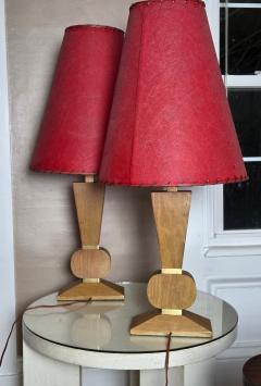 Pair Mid Century Brancusi Cerused Oak Lamps W Original Red Fiberglass Shades - 4694394