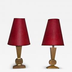 Pair Mid Century Brancusi Cerused Oak Lamps W Original Red Fiberglass Shades - 4694521