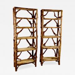 Pair Mid Century Tall Rustic Adirondak Style Bookcase - 4618712
