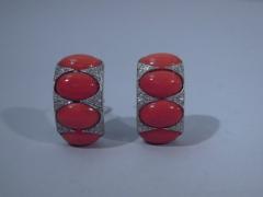 Pair Modern Diamond Platinum Coral Earrings C 1980 - 3748260