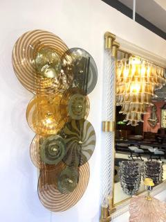 Pair Murano Glass Discs and Brass Sconces in Sage Green Taupe Amber and Pink - 2648436