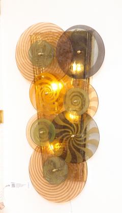 Pair Murano Glass Discs and Brass Sconces in Sage Green Taupe Amber and Pink - 2648438